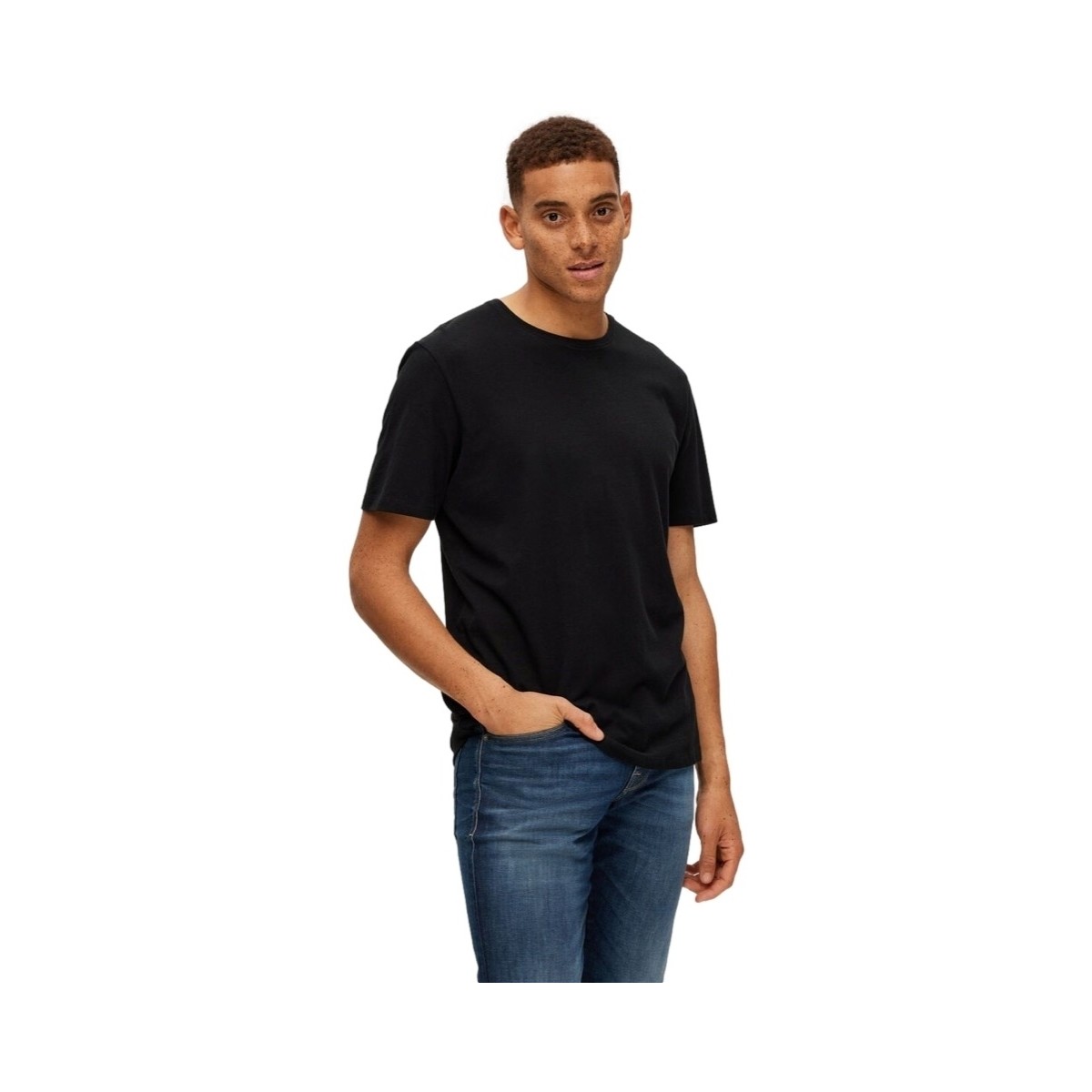 Ruhák Férfi Pólók / Galléros Pólók Selected Noos Pan Linen T-Shirt - Black Fekete 
