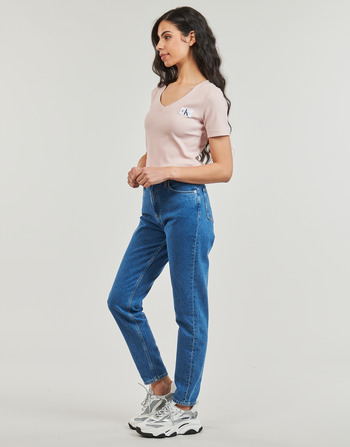 Calvin Klein Jeans WOVEN LABEL RIB V-NECK TEE Bézs